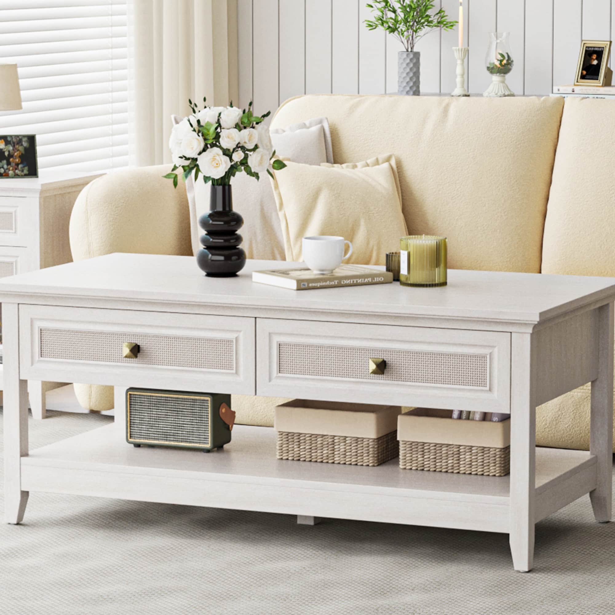 Farmhouse Coffee Table, Boho Tea Table With 2 Rattan Decor Drawers, Accent Center Sofa Table With Storage Shelf, 2 Tier Coffee Table For Bedroom, Living Room, Home Office, Grayish White_voghion.com